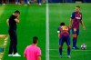 Napoli's head coach Gennaro Gattuso, left, reacts as he interacts with Barcelona's Lionel Messi during the Champions League round of 16, second leg soccer match between Barcelona and Napoli at the Camp Nou Stadium in Barcelona, Spain, Saturday, Aug. 8, 2020. (AP Photo/Joan Monfort)