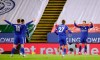 Leicester's James Maddison, right, celebrates after scoring the opening goal during the English Premier League soccer match between Leicester City and Southampton at the King Power Stadium in Leicester, England, Saturday, Jan. 16, 2021. (Alex Pantling/Pool via AP)
