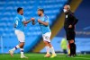 Manchester City's Gabriel Jesus, left, is replaced by Sergio Aguero during the English Premier League soccer match between Manchester City and Arsenal at the Etihad Stadium in Manchester, England, Wednesday, June 17, 2020. The English Premier League resumes Wednesday after its three-month suspension because of the coronavirus outbreak. (AP photo/Dave Thompson, Pool)