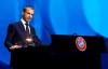 UEFA President Aleksander Ceferin speaks during the 45th UEFA Congress in Montreux, Switzerland, Tuesday April 20, 2021. Ceferin has directly appealed to the owners of English clubs in the Super League project to change their minds out of respect for soccer fans. Ceferin both cajoled and criticized the six-club English group made up of American billionaires, Arab royalty and a Russian oligarch. (Richard Juilliart/UEFA via AP)
