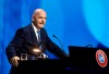 FIFA President Gianni Infantino speaks during the 45th UEFA Congress in Montreux, Switzerland, Tuesday April 20, 2021. In a speech that seemed to blame the club owners and absolve players, FIFA president Gianni Infantino said he can only 