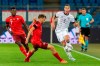 Switzerland's Breel Embolo and Silvan Widmer, against Germany's Robin Gosens, from left, during the UEFA Nations League soccer match at the St. Jakob-Park stadium in Basel, Switzerland, on Sunday, Sept. 6, 2020. (Georgios Kefalas/Keystone via AP)