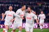 Cristiano Ronaldo of Juventus, center, celebrates after scoring a goal during the Serie A soccer match between Roma and Juventus at the Stadio Olimpico in Rome Sunday Jan. 12, 2020. (Alfredo Falcone, LaPresse via AP)