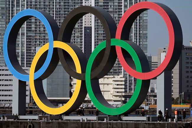 FILE - In this Dec. 1, 2020, file photo, the Olympic Symbol is reinstalled after it was taken down for maintenance ahead of the postponed Tokyo 2020 Olympics in the Odaiba section in Tokyo. More than 80% of people in Japan who were surveyed in two polls in the last few days say the Tokyo Olympics should be canceled or postponed, or say they believe the Olympics will not take place. (AP Photo/Eugene Hoshiko, File)