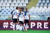 Atalanta players celebrate after Marten de Roon scored his side's 4th goal during the Serie A soccer match between Torino and Atalanta, at the Olympic Stadium in Turin, Italy, Saturday, Sept. 26, 2020. (Marco Alpozzi/LaPresse via AP)