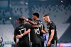 Real Sociedad's Robin Le Normand gets the ball past Manchester's Bruno Fernandes during the Europa League, round of 32, first-leg soccer match between Real Sociedad and Manchester United, at the Allianz Stadium in Turin, Italy, Thursday, Feb. 18, 2021. (Marco Alpozzi/LaPresse via AP)