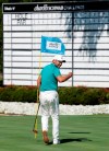 Jason Day turns to his caddie and pumps his fist after sinking a putt on No. 18 during practice for the Charles Schwab Challenge golf tournament at the Colonial Country Club in Fort Worth, Texas, Tuesday, June 9, 2020. The Challenge is the first PGA tour event since the COVID-19 pandemic began. (Tom Fox/The Dallas Morning News via AP)
