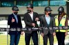 Q2 Holdings Inc. CEO Matt Flake, left, and Austin FC majority owner Anthony Precourt, second from left, take part in a ribbon cutting as the team's new stadium is named Q2 Stadium, Monday, Jan. 25, 2021, in Austin, Texas. (AP Photo/Eric Gay)