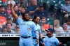 Toronto Blue Jays' Vladimir Guerrero Jr., left, celebrates Cavan Biggio's two-run home run during the second inning of the team's baseball game against the Houston Astros, Saturday, May 8, 2021, in Houston. (AP Photo/Eric Christian Smith)