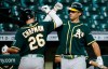 Oakland Athletics' Matt Chapman celebrates with Matt Olson after hitting a home run against the Houston Astros during the fourth inning of the second baseball game of a doubleheader Saturday, Aug. 29, 2020, in Houston. (Kevin M. Cox/The Galveston County Daily News via AP)