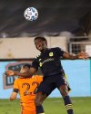 Houston Dynamo midfielder Matías Vera (22) fouls on Nashville SC forward Abu Danladi (7) during the first half of an MLS soccer game Wednesday, Oct. 14, 2020, at BBVA Stadium in Houston. (Yi-Chin Lee/Houston Chronicle via AP)