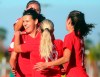 Canada's Christine Sinclair, front left, celebrates with teammates after scoring against St. Kitts and Nevis during a CONCACAF women's Olympic qualifying soccer match Wednesday, Jan. 29, 2020, in Edinburg, Texas. (Joel Martinez/The Monitor via AP)