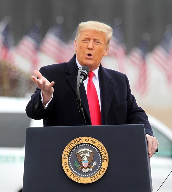 President Donald Trump speaks near a section of the U.S.-Mexico border wall, Tuesday, Jan. 12, 2021, in Alamo, Texas. (Delcia Lopez/The Monitor via AP)