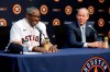 New Houston Astros manager Dusty Baker, left, speaks alongside team owner Jim Crane, right, during a baseball press conference at Minute Maid Park, Thursday, Jan. 30, 2020, in Houston. (AP Photo/Michael Wyke)