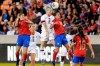 United States midfielder Julie Ertz (8) and Costa Rica midfielder Raquel Chacon (20) collide as they go for a header while Costa Rica forward Maria Salas (17), midfielder Lindsey Horan (9) and midfielder Katherine Alvarado (16) look on during the first half of a CONCACAF women's Olympic qualifying soccer match Monday, Feb. 3, 2020, in Houston. (AP Photo/Michael Wyke)
