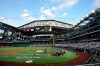The roof at Globe Life Field is opened as the Los Angeles Dodgers take batting practice before Game 3 of the baseball team's NL Division Series against the San Diego Padres on Thursday, Oct. 8, 2020, in Arlington, Texas. (AP Photo/Tony Gutierrez)