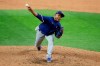 Texas Rangers pitcher Edinson Volquez throws to the plate in an intrasquad game during baseball practice at Globe Life Field in Arlington, Texas, Friday, July 10, 2020. (AP Photo/Tony Gutierrez)