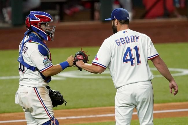 Texas Rangers catcher Jose Trevino and relief pitcher Nick Goody celebrate after the team's 7-1 win in a baseball game against the Los Angeles Angels in Arlington, Texas, Tuesday, Sept. 8, 2020. (AP Photo/Tony Gutierrez)