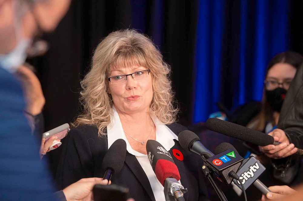 Shelly Glover speaks to the media after it was announced Heather Stefanson would become the first female premier of Manitoba. (Mike Sudoma / Winnipeg Free Press)