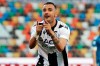 Udinense's Ilija Nestorovski celebrates after scoring his side's first goal during a Serie A Soccer match between Udinese and Juventus, in Udine, Italy, Thursday, July 23, 2020. (Andrea Bessanutti/LaPresse via AP)