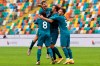 AC Milan's Zlatan Ibrahimovic, 2nd right, celebrates with teammates after scoring his side's second goal during the Serie A soccer match between Udinese and AC Milan, at the Dacia Arena Stadium in Udine, Italy, Sunday, Nov. 1, 2020. AC Milan won 2-1. (Andrea Bressanutti/LaPresse via AP)