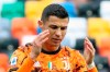 Juventus' Cristiano Ronaldo reacts during the Italian Serie A soccer match between Udinese and Juventus at the Dacia Arena stadium in Udine, Italy, Sunday, May 2, 2021. (Andrea Bressanutti/LaPresse via AP)