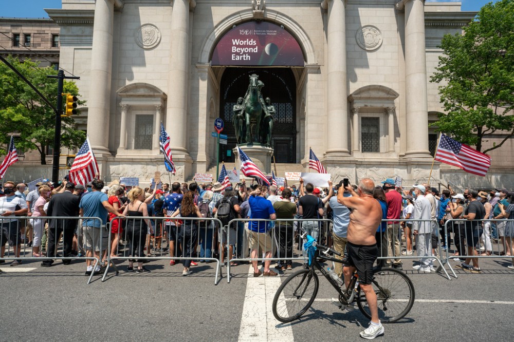 A rally led by the New York Young Republican Club on June 28 called for the Equestrian Statue of Theodore Roosevelt to remain in place. The American Museum of Natural History requested that the statue be removed. (David Dee Delgado / Getty Images files)