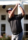 Wes Short, Jr. watches his drive in the first hole during the second round of Dominion Energy Charity Classic golf tournament at The Country Club of Virginia in Richmond, Va., Saturday, Oct. 17, 2020. (Daniel Sangjib Min/Richmond Times-Dispatch via AP)