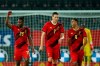 Belgium's Michy Batshuayi, left, jubilates after scoring his sides second goal during an international friendly soccer match between Belgium and Switzerland at the King Power stadium in Leuven, Belgium, Wednesday, Nov. 11, 2020. (AP Photo/Francisco Seco)