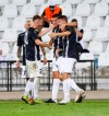 Lokomotiv's Georgi Minchev, second left, celebrates with teammates after scoring during the Europa League soccer match between Lokomotiv Plovdiv and Tottenham Hotspur at Lokomotiv stadium, in Plovdiv, Bulgaria, Thursday, Sept. 17, 2020. (AP Photo/Anton Uzunov)