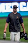 Milwaukee Brewers' Corey Knebel walks to the dugout during a practice session Monday, July 6, 2020, at Miller Park in Milwaukee. (AP Photo/Morry Gash)