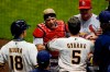 St. Louis Cardinals' Yadier Molina has words with Milwaukee Brewers' Keston Hiura and Jedd Gyorko during the fifth inning of a baseball game Tuesday, Sept. 15, 2020, in Milwaukee. (AP Photo/Morry Gash)