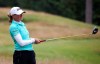 USA's Stacy Lewis on the second tee during day two of the Ladies Scottish Open at The Renaissance Club, North Berwick, Scotland, Friday Aug. 14, 2020. (Jane Barlow/PA via AP)