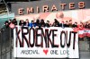 Fans protest against Arsenal owner Stan Kroenke before the English Premier League match against Everton, at the Emirates Stadium in London, Friday April 23, 2021. The fans want owner Stan Kroenke to leave the club over its bid to join the failed Super League. (Kirsty O'Connor/PA via AP)