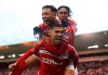 Middlesbrough's Ashley Fletcher celebrates scoring his side's first goal of the game with Marcus Tavernier, left, during their game against Tottenham, during their English FA Cup third round match at the Riverside Stadium in Middlesbrough, England, Sunday Jan. 5, 2020. (Owen Humphreys/PA via AP)