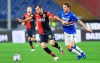 Goran Pandev of Genoa, left, in action against Albin Ekdal of Sampdoria, during the Serie A soccer match between Sampdoria and Genoa, at the Luigi Ferraris Stadium in Genoa, Italy, Sunday, Nov. 1, 2020. (Tano Pecoraro/LaPresse via AP)