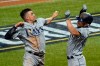 Tampa Bay Rays' Brandon Lowe, right, celebrates his a two-run home run with Willy Adames against the Los Angeles Dodgers during the fifth inning in Game 2 of the baseball World Series Wednesday, Oct. 21, 2020, in Arlington, Texas. (AP Photo/Tony Gutierrez)