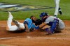 Tampa Bay Rays' Manuel Margot is tagged out at home by Los Angeles Dodgers catcher Austin Barnes trying to steal during the fourth inning in Game 5 of the baseball World Series Sunday, Oct. 25, 2020, in Arlington, Texas. (AP Photo/Tony Gutierrez)