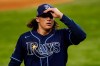 Tampa Bay Rays starting pitcher Tyler Glasnow leaves the game against the Los Angeles Dodgers during the fifth inning in Game 1 of the baseball World Series Tuesday, Oct. 20, 2020, in Arlington, Texas. (AP Photo/Tony Gutierrez)
