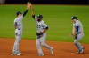 The Tampa Bay Rays celebrates their win against the Los Angeles Dodgers in Game 2 of the baseball World Series Wednesday, Oct. 21, 2020, in Arlington, Texas. Ray beat the Dodgers 6-4.(AP Photo/Eric Gay)
