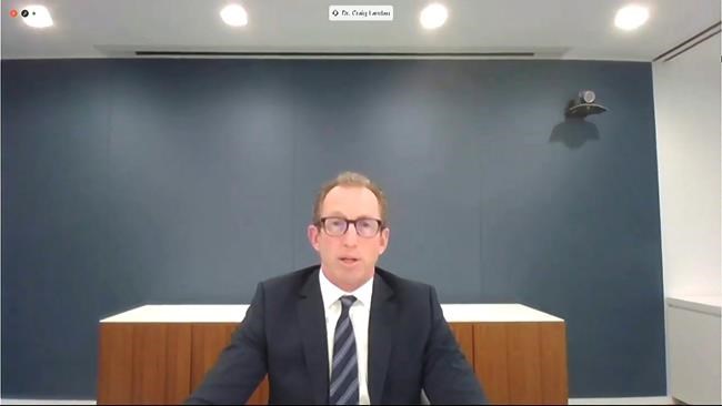 In this image from House Television, Purdue Pharma CEO Craig Landau testifies via video to a House Oversight Committee hearing Thursday, Dec. 17, 2020. Members of the family that owns OxyContin maker Purdue Pharma have acknowledged the drug had a role in the opioid crisis but have stopped short of apologizing or admitting wrongdoing. (House Television via AP)