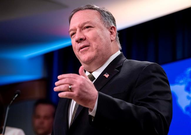 Secretary of State Mike Pompeo speaks during a press briefing at the State Department on Wednesday, April 22, 2020, in Washington. (Nicholas Kamm/Pool Photo via AP)