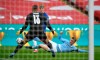 Manchester City's Aymeric Laporte, right, tackles Chelsea's Timo Werner, center, during the English FA Cup semifinal soccer match between Chelsea and Manchester City at Wembley Stadium in London, England, Saturday, April 17, 2021. (Ben Stansall, Pool via AP)