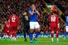 Everton's Cenk Tosun reacts after missing a scoring chance during the English FA Cup third round soccer match between Liverpool and Everton at Anfield stadium in Liverpool, England, Sunday, Jan. 5, 2020. (AP Photo/Jon Super)