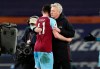 West Ham's manager David Moyes celebrates with his player Declan Rice at the end of the English Premier League soccer match between Everton and West Ham at Goodison Park in Liverpool, England, Friday, Jan. 1, 2021. (Jan Kruger, Pool via AP)