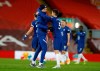 Chelsea's head coach Thomas Tuchel, left, celebrates with his player Jorginho after winning the English Premier League soccer match between Liverpool and Chelsea at Anfield stadium in Liverpool, England, Thursday, March 4, 2021. (Phil Noble, Pool via AP)