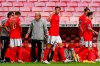 Benfica's Ruben Dias, center, celebrates after scoring the opening goal during the Portuguese League soccer match between Benfica and Moreirense at the Luz stadium in Lisbon, Saturday, Sept. 26, 2020. (AP Photo/Armando Franca)