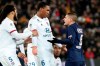 PSG's Marco Verratti, right, argues with Lyon's Marcelo during the League One soccer match between Paris Saint Germain and Lyon at the Parc des Princes stadium in Paris, Sunday, Feb. 9, 2020. (AP Photo/Thibault Camus)