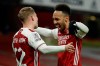 Arsenal's Emile Smith Rowe, left, celebrates with Pierre-Emerick Aubameyang after scoring the opening goal during the English FA Cup third round soccer match between Arsenal and Newcastle United at the Emirates Stadium in London, England, Saturday, Jan. 9, 2020. (AP Photo/Matt Dunham)