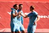 Burnley's Jay Rodriguez, left celebrates with teammates after scoring his sides first goal during the English Premier League soccer match between Liverpool and Burnley at Anfield, Liverpool, England, Saturday, July 11, 2020. (Oli Scarff/ Pool via AP)